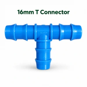 Blue 16mm tee connector with three barbed ends for drip irrigation