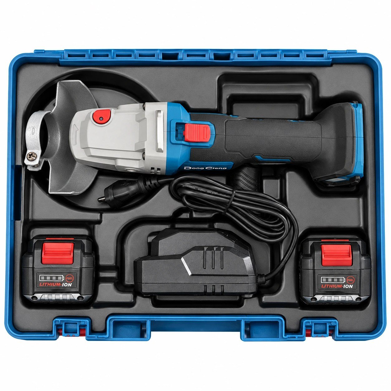 Dong Cheng DCSM03-100 grinder kit with two batteries and charger in carrying case