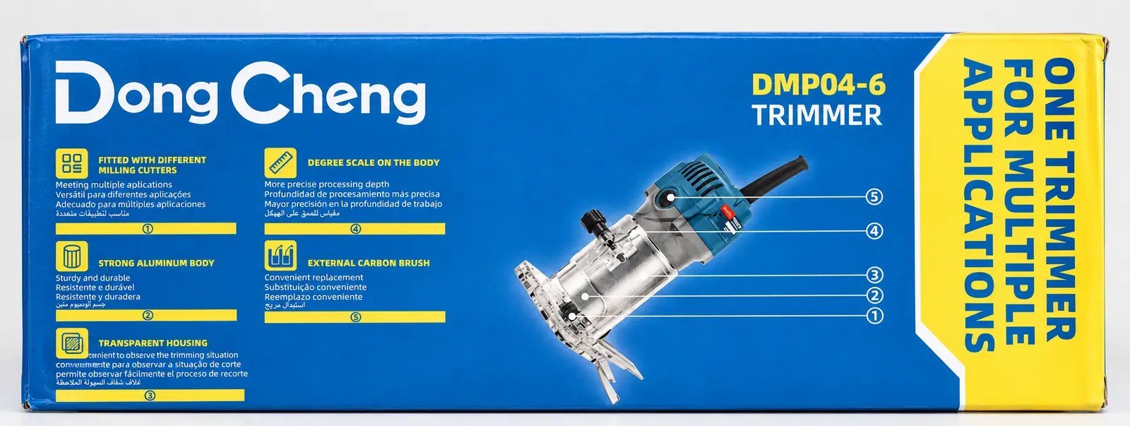 Dong Cheng DMP04-6 trimmer box showing aluminium body transparent housing and depth scale