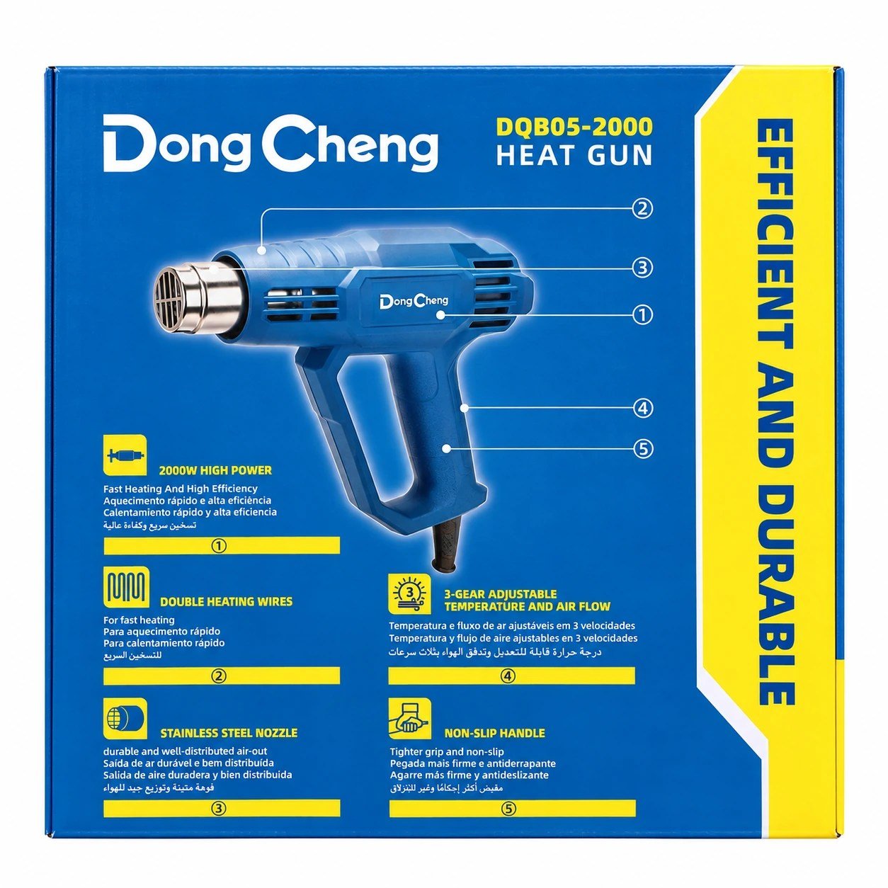Dong Cheng DQB05-2000 heat gun box showing product features